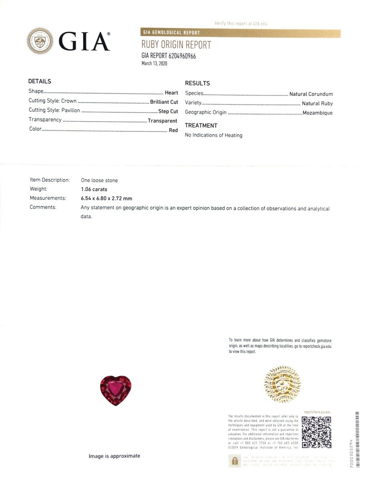 Natural Heart-shape 1.06 carat Red Ruby - GIA Certified