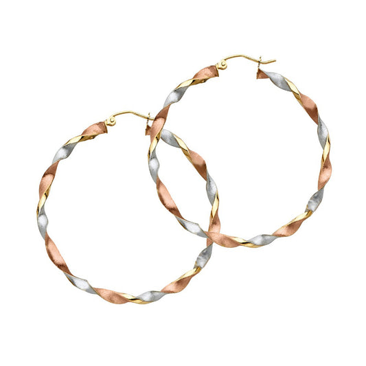 14k Tri-tone Gold Large Twisted Hoop Earrings (35-mm)