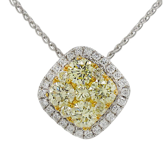 18k Two-tone Gold 7/8ct TDW Fancy Yellow and White Diamond Square Cluster Pendant Neckalce