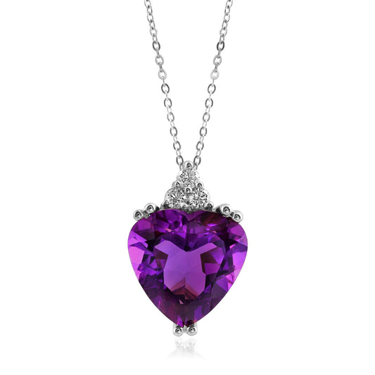 14K White Gold 4.37ct AAA Natural Amethyst and Diamond Heart Necklace