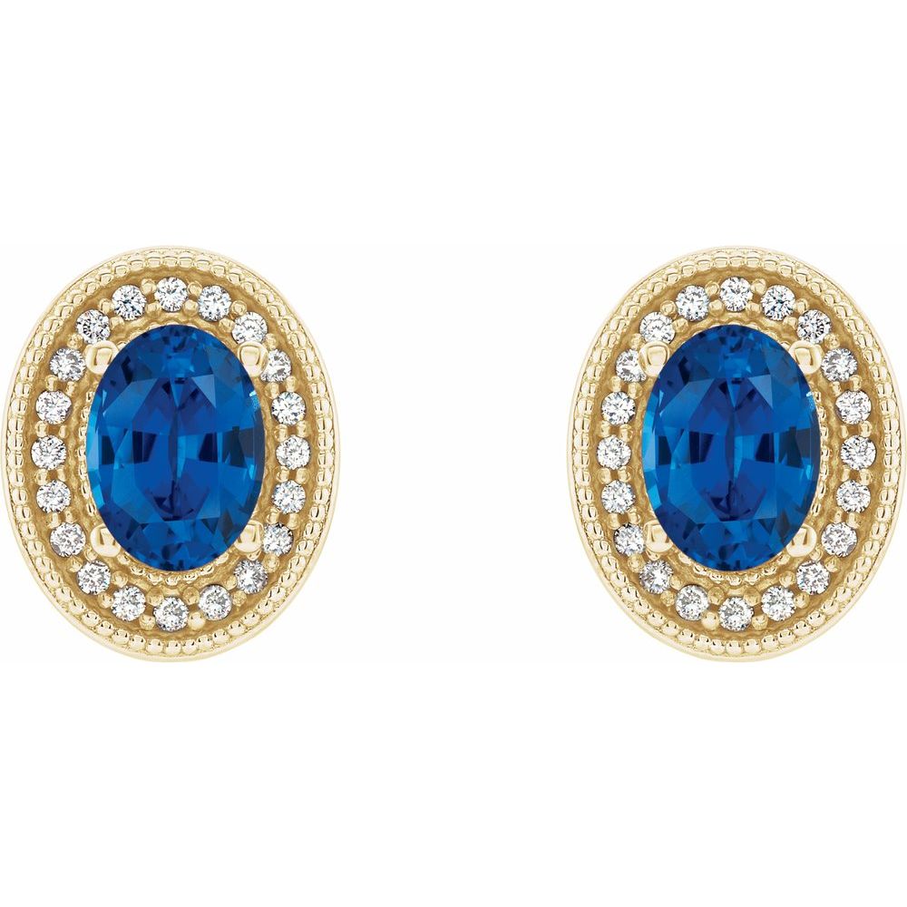 14k Yellow Gold 7x5 mm Natural Blue Sapphire & 1/5 CTW Natural Diamond Halo-Style Earrings