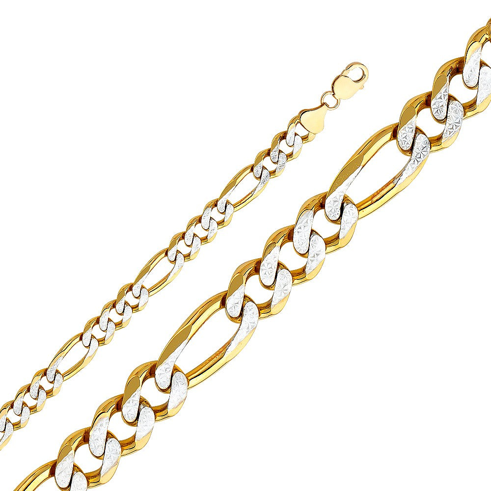 14k Two-tone Gold 11.3mm Wide Regular White Pave 3+1 Figaro Unisex Chain Necklace