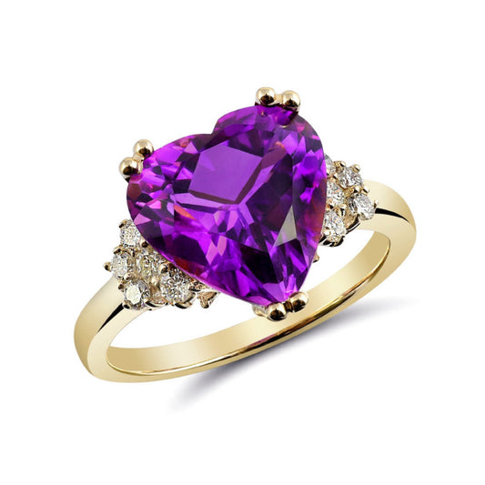 14K Yellow Gold 3.93ct TGW Amethyst and Diamonds Heart-Cut One of a Kind Ring