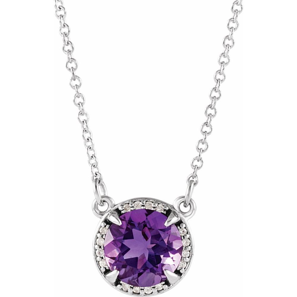 14k White Gold 8 mm Natural Amethyst & .05 CTW Natural Diamond 16" Necklace