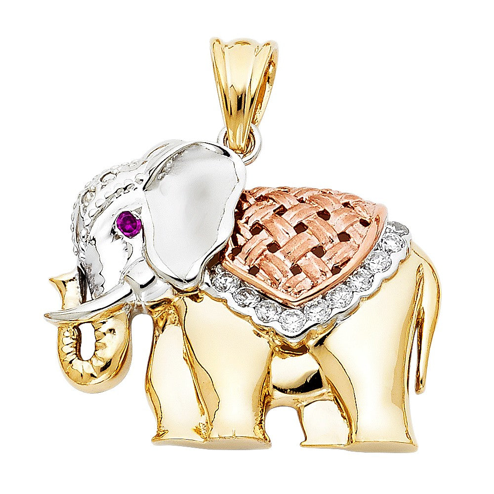 14k Tri-Tone Gold Cubic Zirconia Elephant Pendant