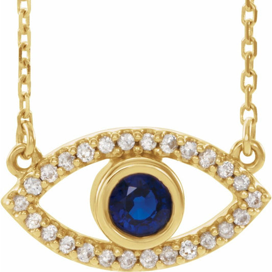 14k Yellow Gold Natural Blue Sapphire & Natural White Sapphire Evil Eye 16" Necklace