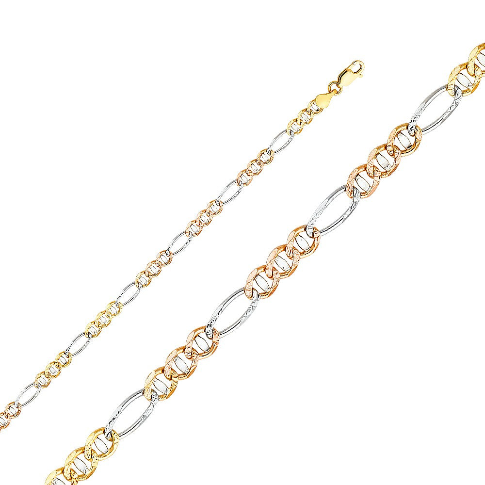 14k Tri-tone Gold 3.9mm Ficonucci Unisex Chain Bracelet (7.5")