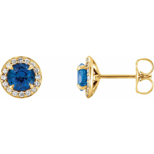 14k Yellow Gold 4 mm Lab-Grown Blue Sapphire & 1/10 CTW Natural Diamond Earrings