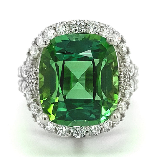 Platinum 16.01ct TGW Green Tourmaline and Diamond One-of-a-Kind Ring