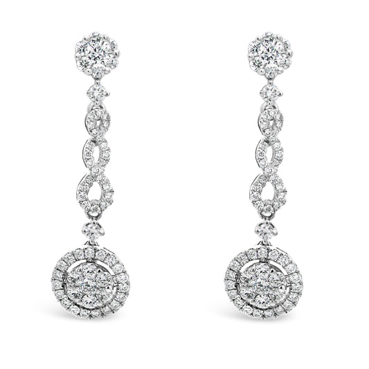 18k White Gold 1ct TDW White Diamond Dangling Round Cluster Earrings