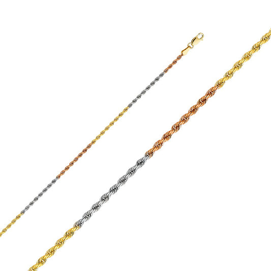 14k Tri-tone Gold 2mm Diamond-cut Solid Rope Unisex Chain Necklace