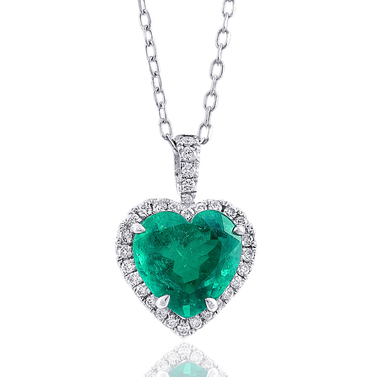 18K White Gold 1.99ct TGW Heart-cut Green Emerald and Diamond One-of-a-Kind Necklace