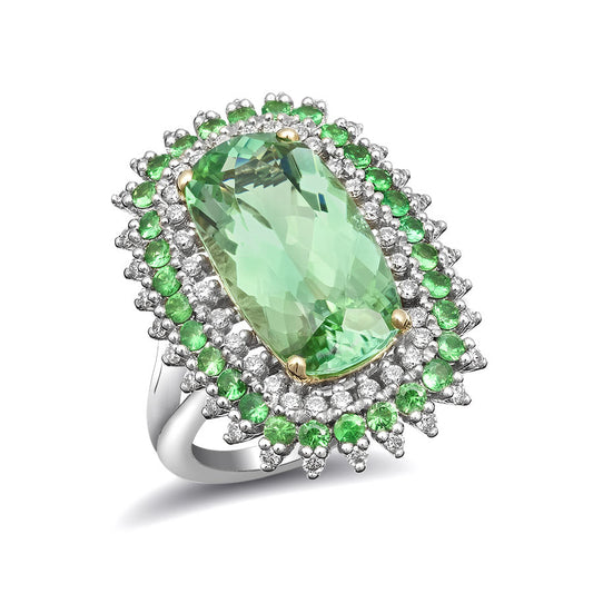 14k Two-Tone Gold 7.9ct TGW Green Namibian Tourmaline with Green Tsavorite and White Diamond Ring