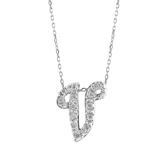 14K White Gold 0.13ct TDW White Diamond Letter V Initial Pendant Necklace