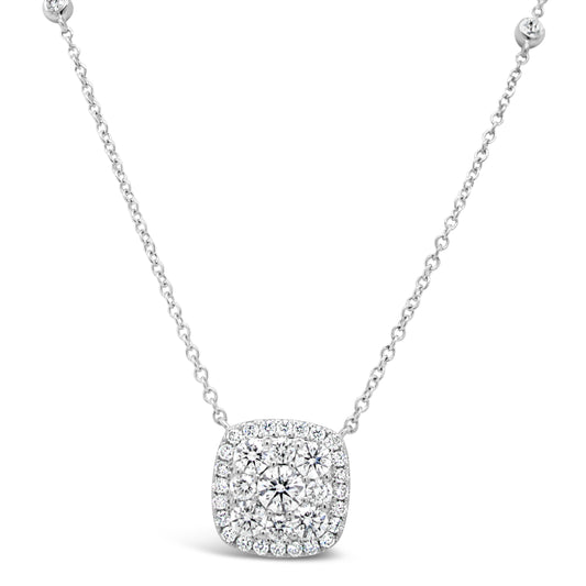 18k White Gold 1.03ct TDW White Diamond Square Cluster Pendant Necklace