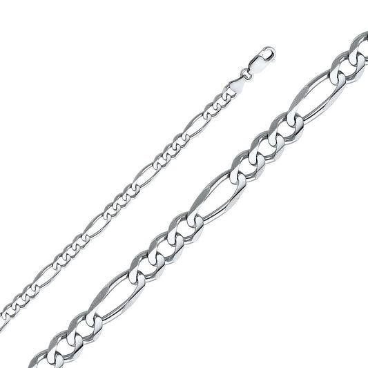 14k White Gold 6mm Wide Regular Concave 3+1 Figaro Chain 8" Bracelet