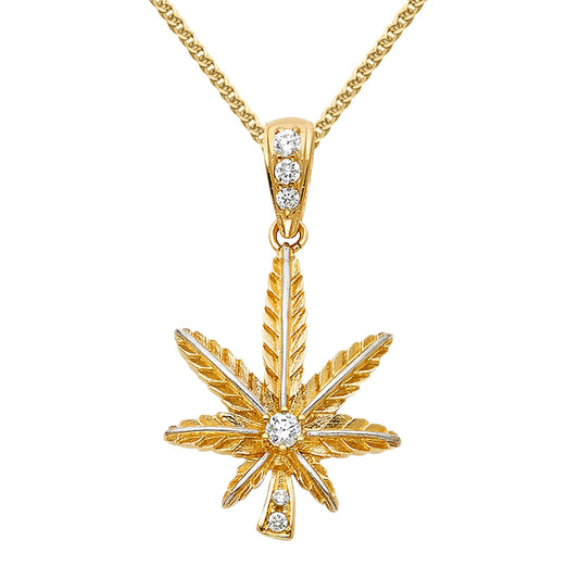 14k Yellow Gold Cubic Zirconia Marijuana Leaf Pendant with Wheat Chain