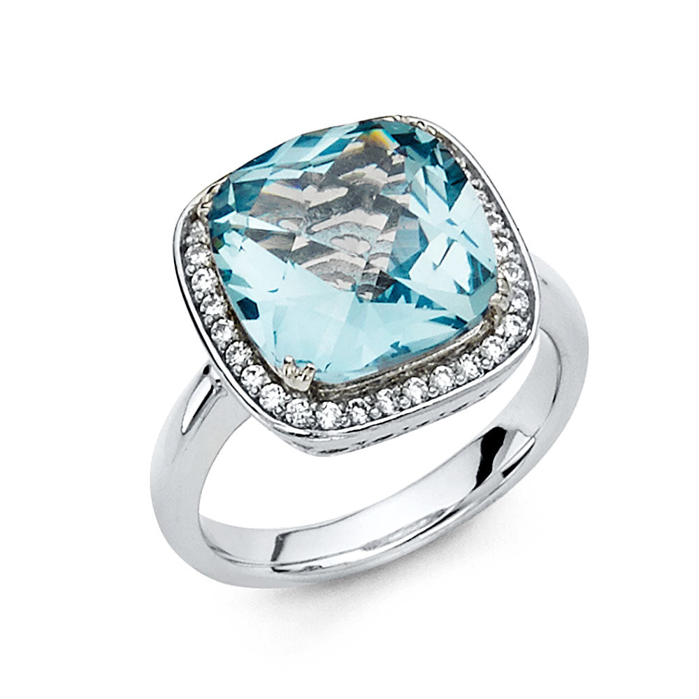 14k White Gold Aqua Cubic Zirconia Halo Statement Ring