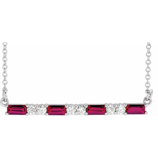 14k White Gold Lab-Grown Ruby & 1/6 CTW Natural Diamond Bar 16-18" Necklace