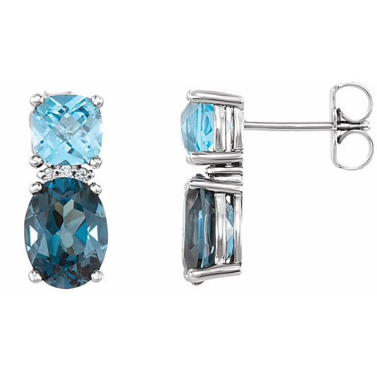 14k White Gold Natural London Blue Topaz, Natural Swiss Blue Topaz & .01 CTW Natural Diamond Earrings