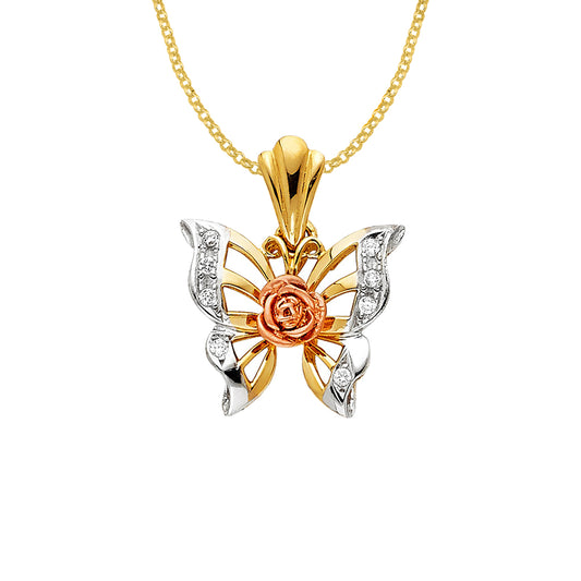 14k Tri-tone Gold Cubic Zirconia Butterfly and Rose Pendant with 1.6mm Rolo Chain