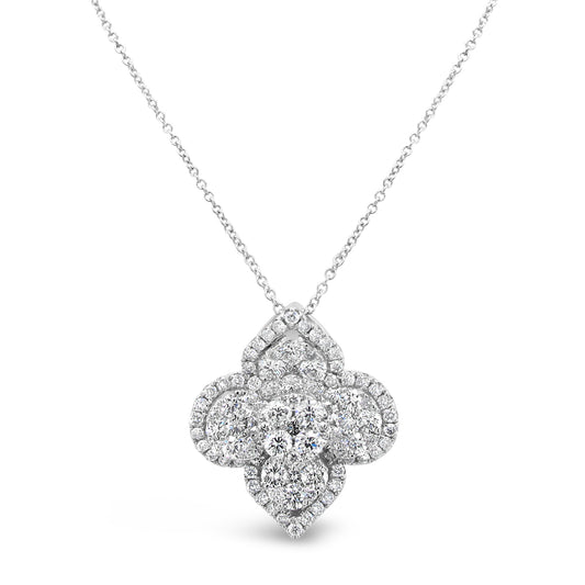 18k White Gold 1 1/4ct White Diamond Floral Pendant Necklace