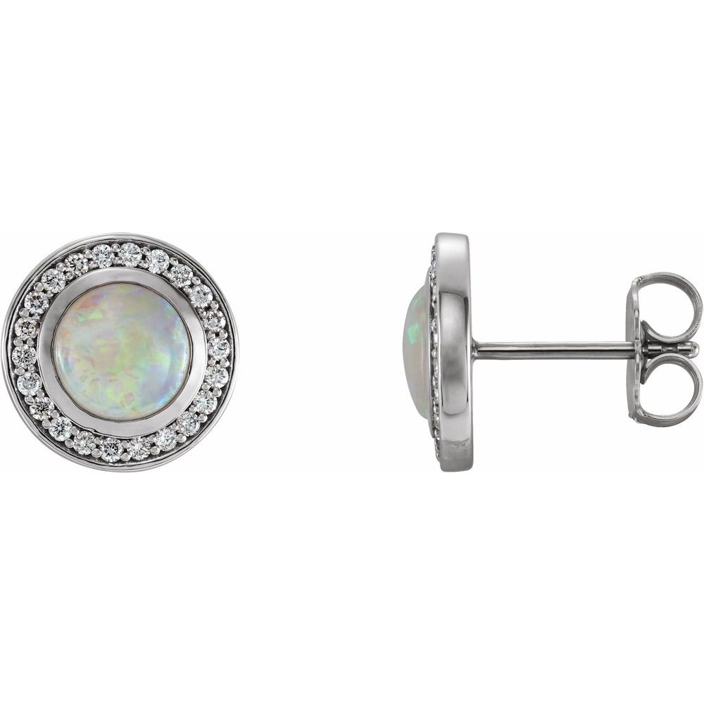 14k Yellow Gold 5 mm Natural White Opal & 1/6 CTW Natural Diamond Halo-Style Earrings