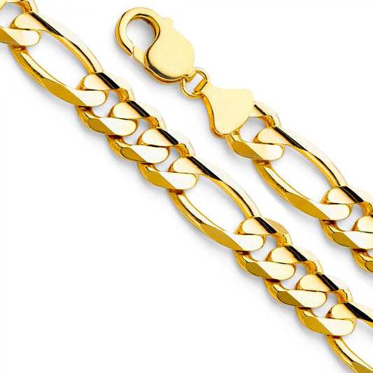 14k Yellow Gold 11.3mm Wide Regular Concave 3+1 Figaro Men's Chain Necklace