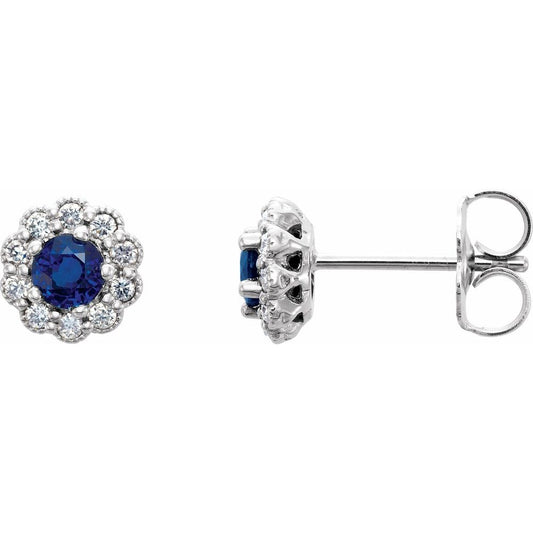 14k White Gold 3.2 mm Natural Blue Sapphire & 1/8 CTW Natural Diamond Earrings