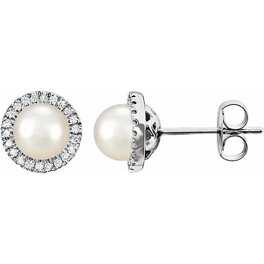 14k White Gold Cultured White Freshwater Pearl & 1/8 CTW Natural Diamond Earrings