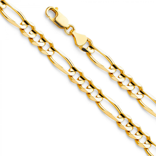 14k Yellow Gold 6.9mm Wide Regular Concave 3+1 Figaro Men's Chain Bracelet (8.5")