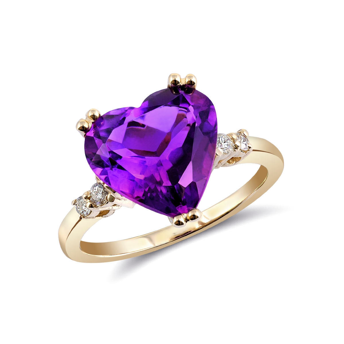 14K Yellow Gold 2.54ct TGW Amethyst and Diamonds Heart-Cut One of a Kind Ring