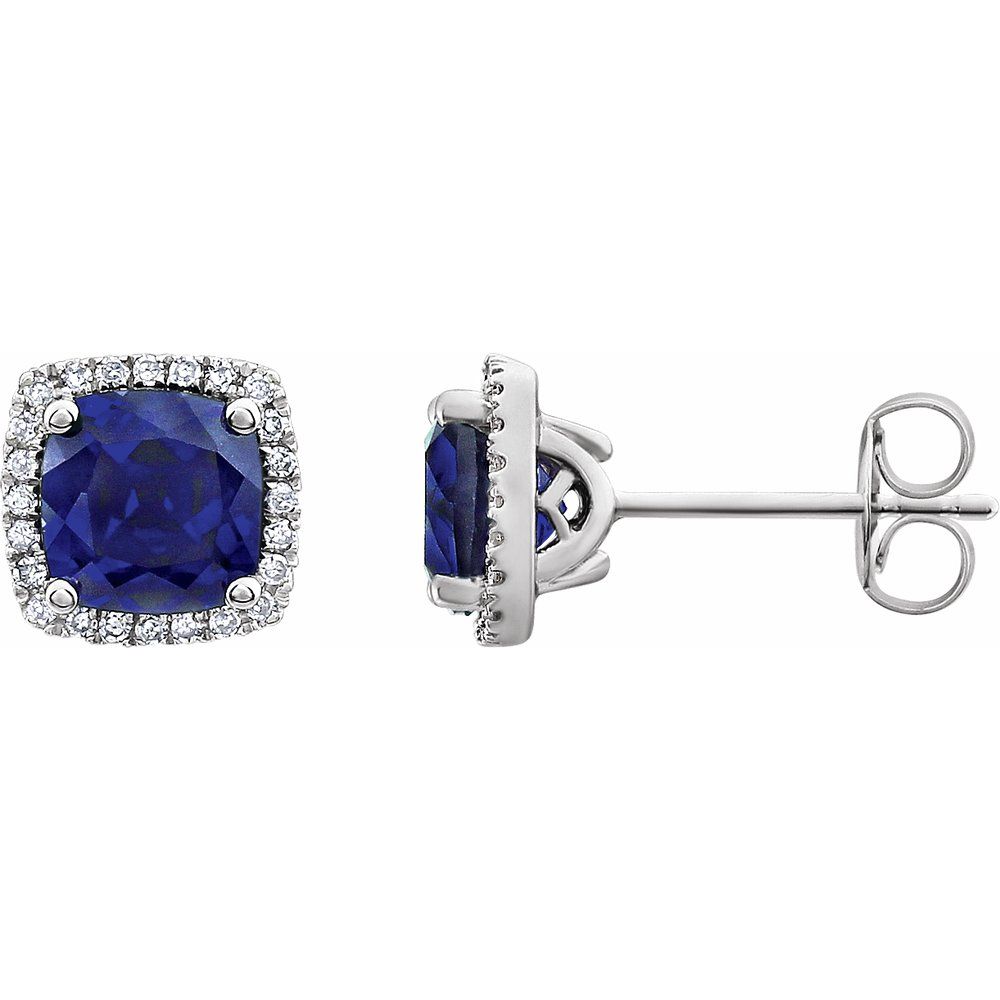 14k White Gold Lab-Grown Blue Sapphire & 1/8 CTW Natural Diamond Earrings