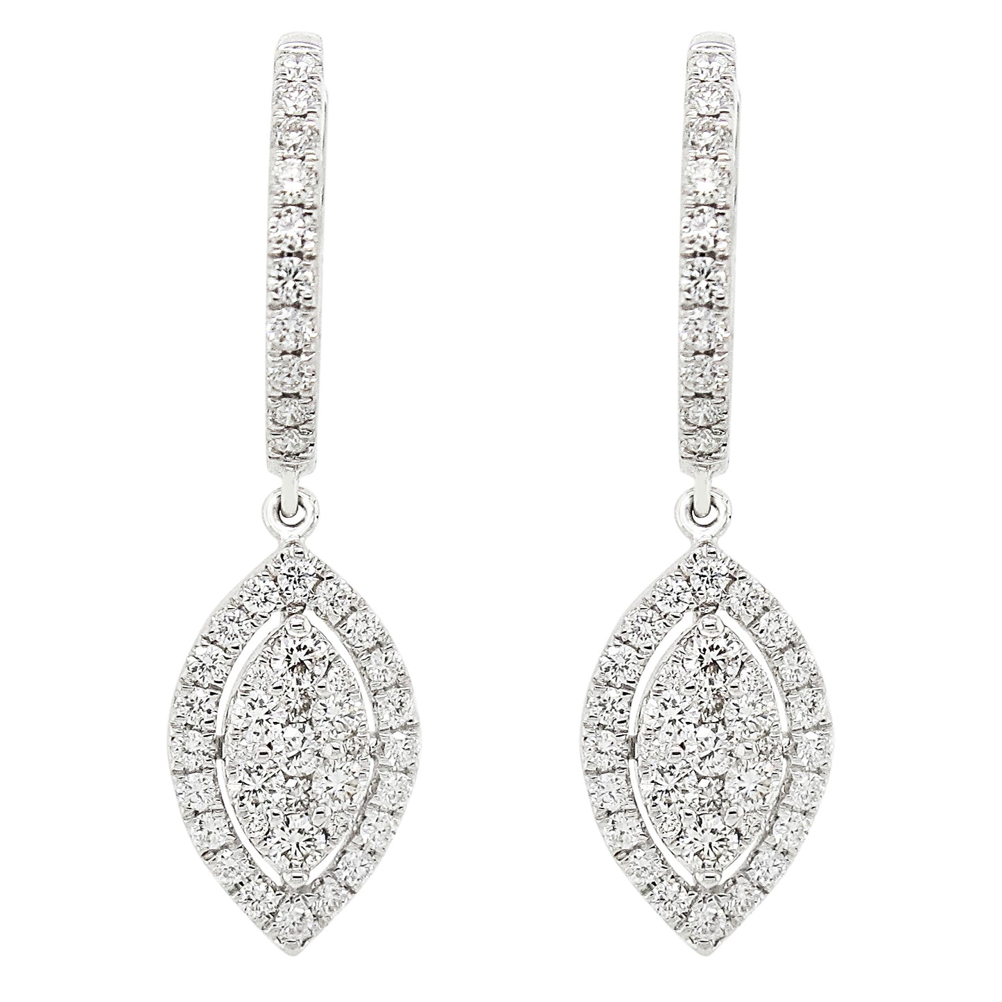 18k White Gold 1ct TDW White Diamond Dangling Tear Drop Hoop Earrings