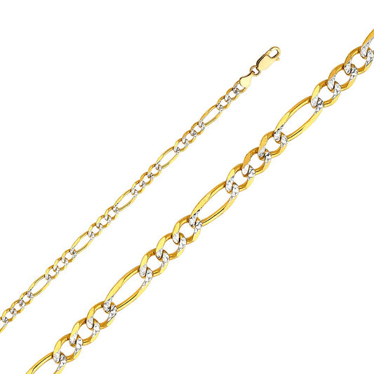 14k Two-tone Gold 4.7mm Regular White Pave 3+1 Figaro Unisex Chain Necklace