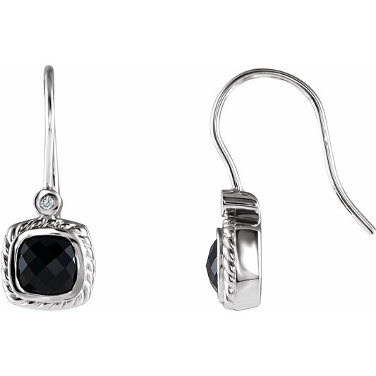 14k White Gold Natural Black Onyx & .03 CT Natural Diamond Earrings