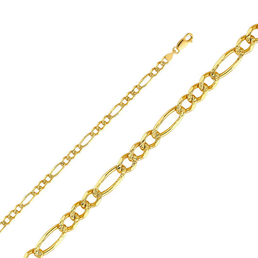 14k Yellow Gold 4.7mm Regular Yellow Pave 3+1 Figaro Unisex Chain Necklace