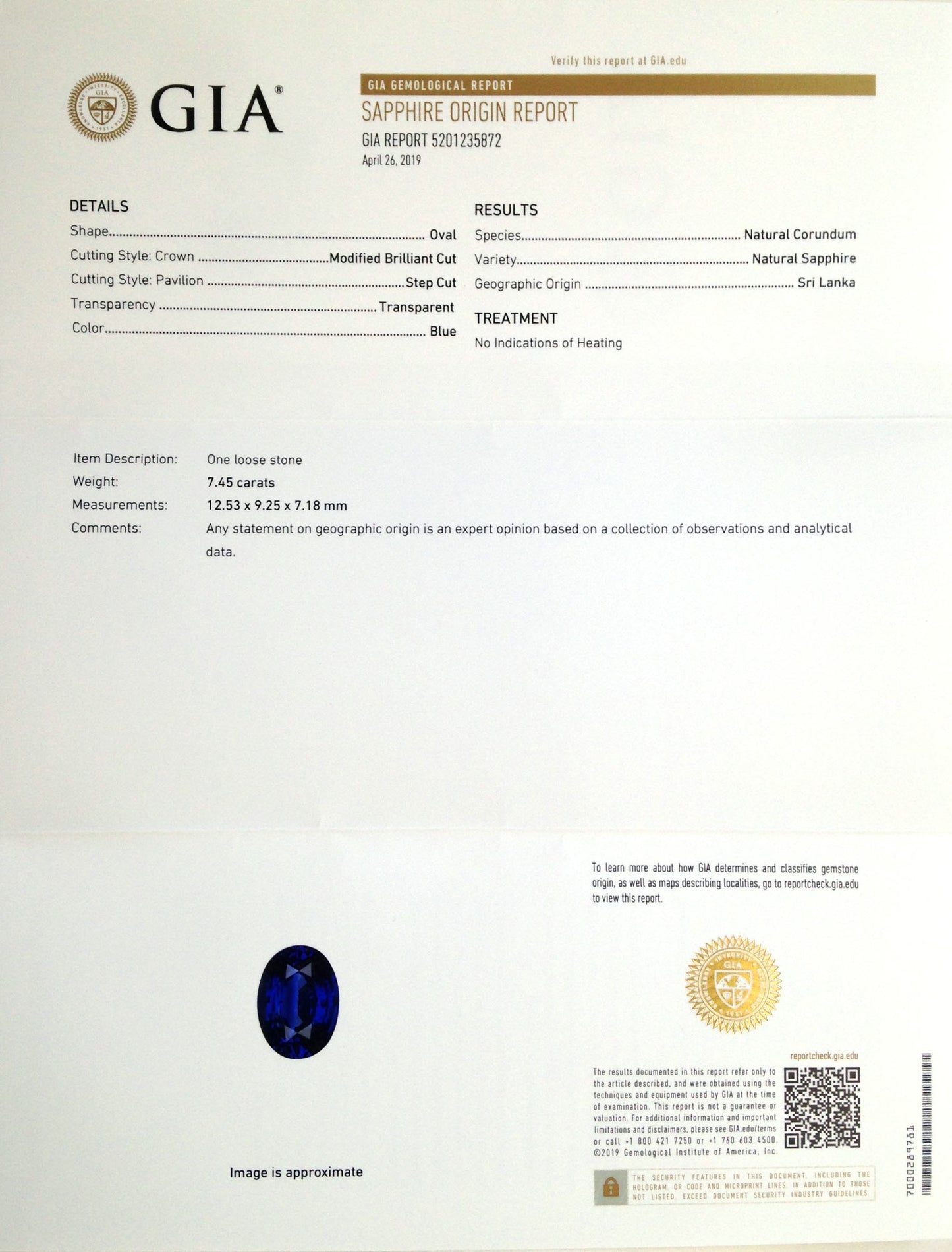 Natural Extremely Rare Unheated Royal Vivid Blue Sapphire Oval-shape 7.45 carats with GRS Report