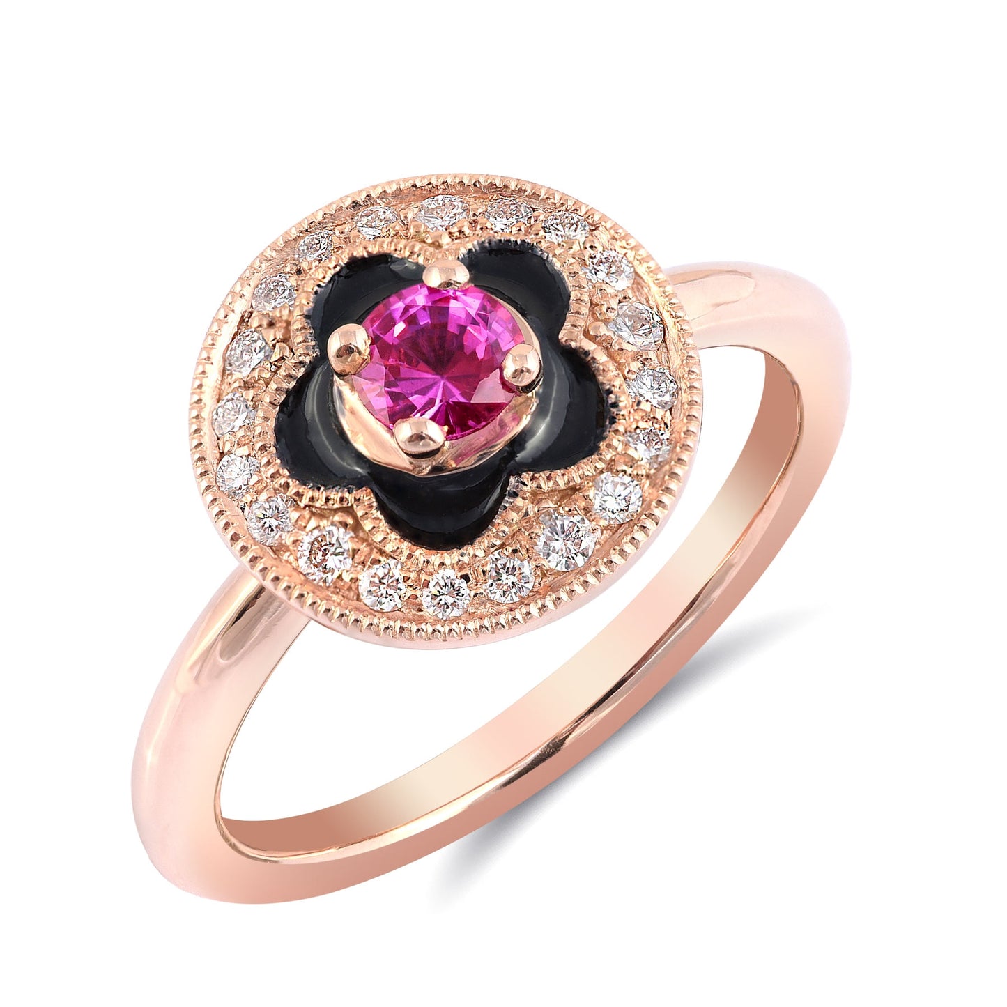 14K Rose Gold 0.46ct TGW Pink Sapphire and Diamond Enamel Halo Ring