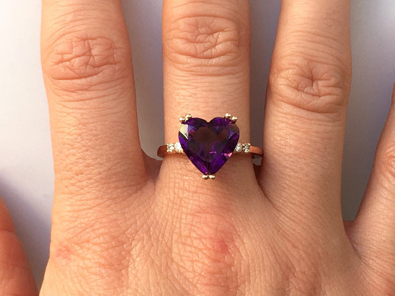 14K Rose Gold 3.71ct TGW Amethyst and Diamonds Heart-Cut One of a Kind Ring