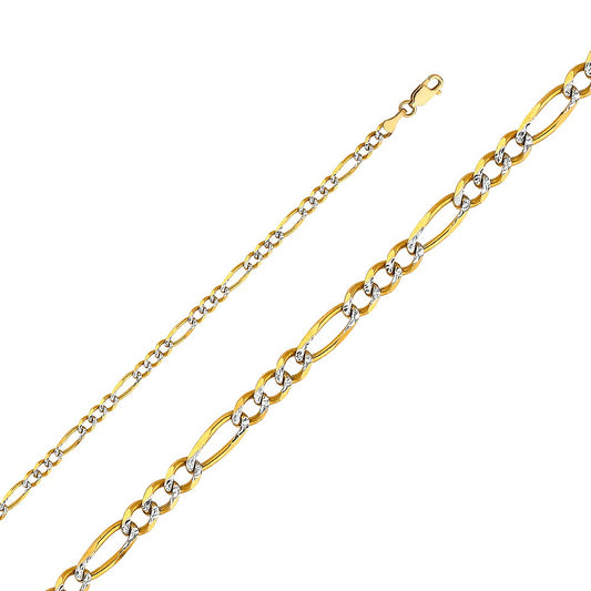 14k Two-tone Gold 4-mm Regular White Pave 3+1 Figaro Chain 7.5 inch Bracelet