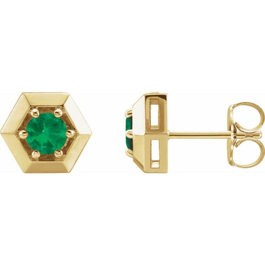 14k Yellow Gold Natural Emerald Geometric Earrings