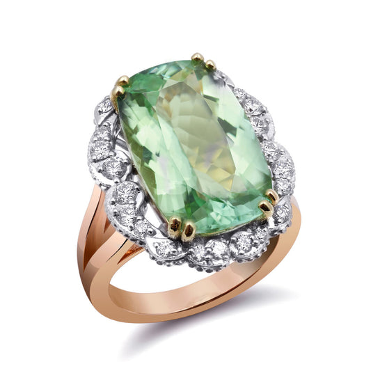 14k Tri-Tone Gold 9.89ct TGW Green Namibian Tourmaline and White Diamond Ring