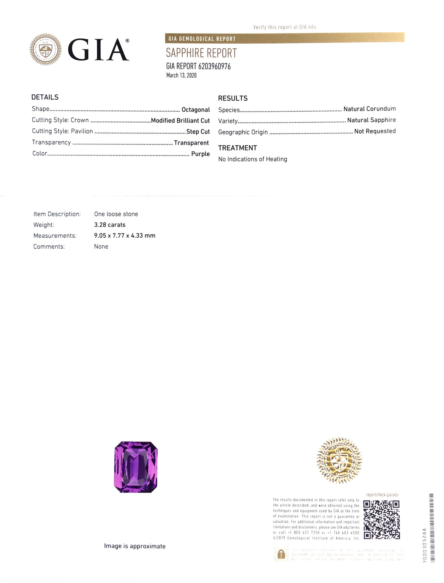 Natural Octagonal-shape 3.28 carat Purple Sapphire - GIA Certified