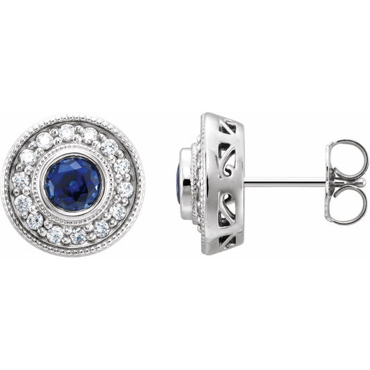 14k White Gold Lab-Grown Blue Sapphire & 1/4 CTW Natural Diamond Halo-Style Earrings