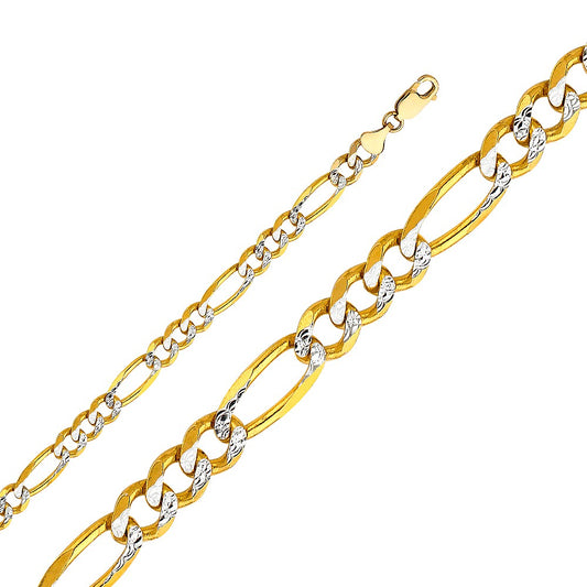 14k Two-tone Gold 6.9-mm Wide Regular White Pave 3+1 Figaro Chain 8.5 inch Bracelet