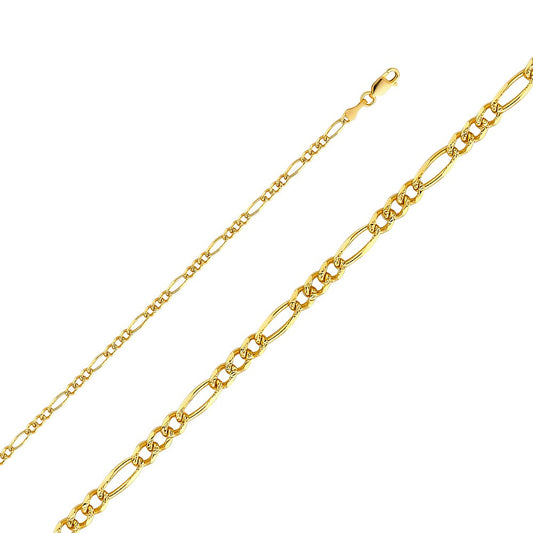 14k Yellow Gold 3.1mm Regular Yellow Pave 3+1 Figaro Ladies Chain Bracelet (7")