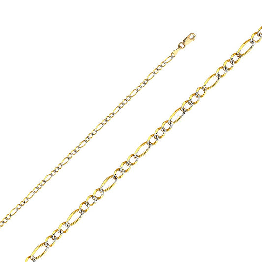 14k Two-tone Gold 2.7mm Regular White Pave 3+1 Figaro Unisex Chain Necklace