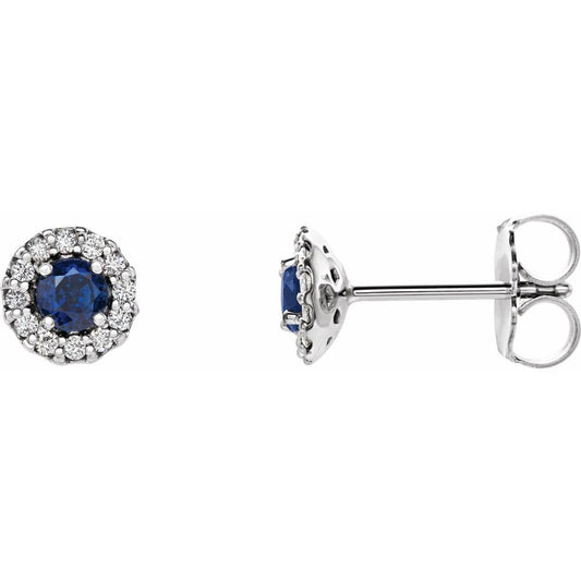 14k White Gold 3 mm Natural Blue Sapphire & 1/10 CTW Natural Diamond Earrings