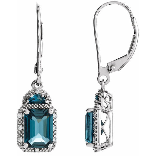 14k White Gold Natural London Blue Topaz & .06 CTW Natural Diamond Earrings